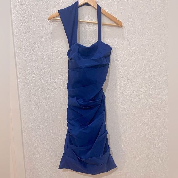 Preen By Thornton Begazzi Midnight Blue Ruched Cocktail Dress Size Large - Picture 1 of 11
